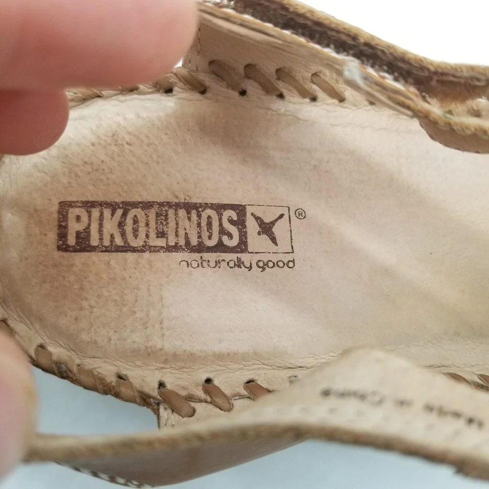 Pikolinos Women Tan Leather‎ T-Strap Wedge Sandals  41 Floral Cutout Peep Toe